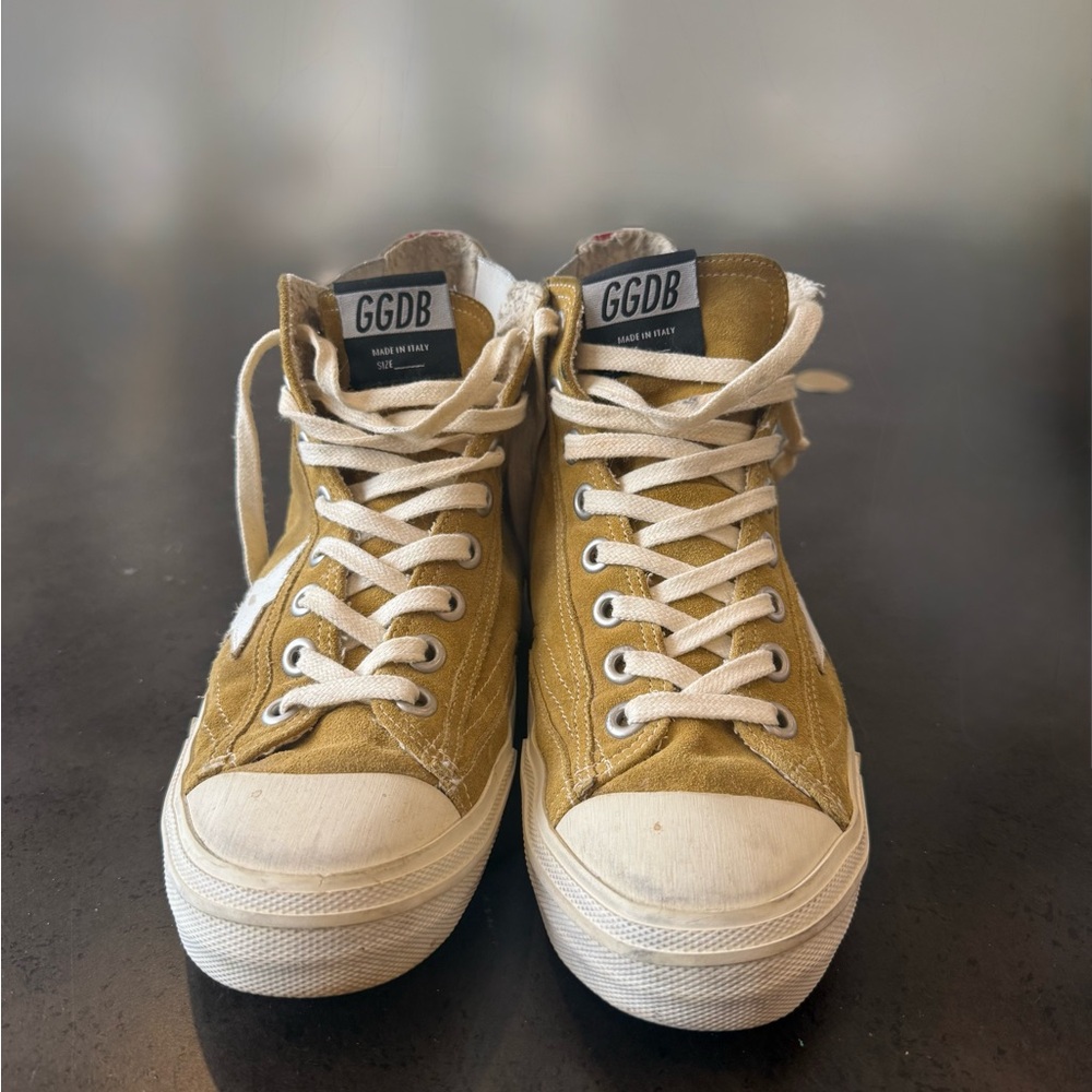 Golden Goose V-Star High Top Sneakers – Mustard Suede | Leopard Panel